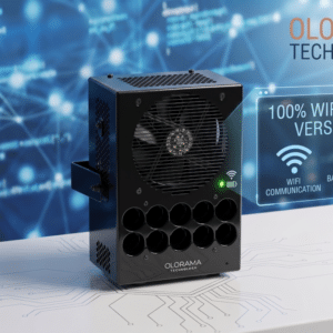 Black, compact tech unit with a front fan and circular vent holes, next to a holographic panel reading '100% Wireless Version' and the OLORAMA Technology logo.