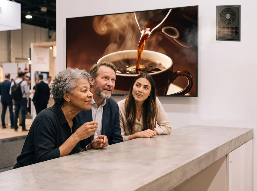 Visiteurs sentant l'odeur d'un café fraîchement servi, montré sur un écran, sur un stand de salon équipé d'un système de parfum synchronisé
